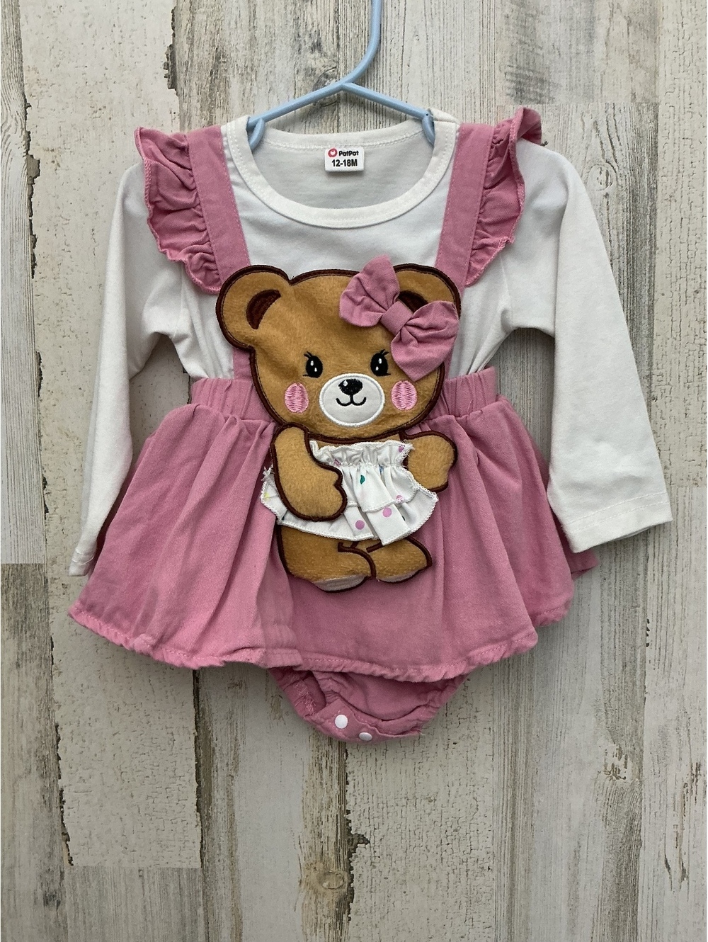 PatPat Baby Romper Dress 12-18M Pink Teddy Bear
